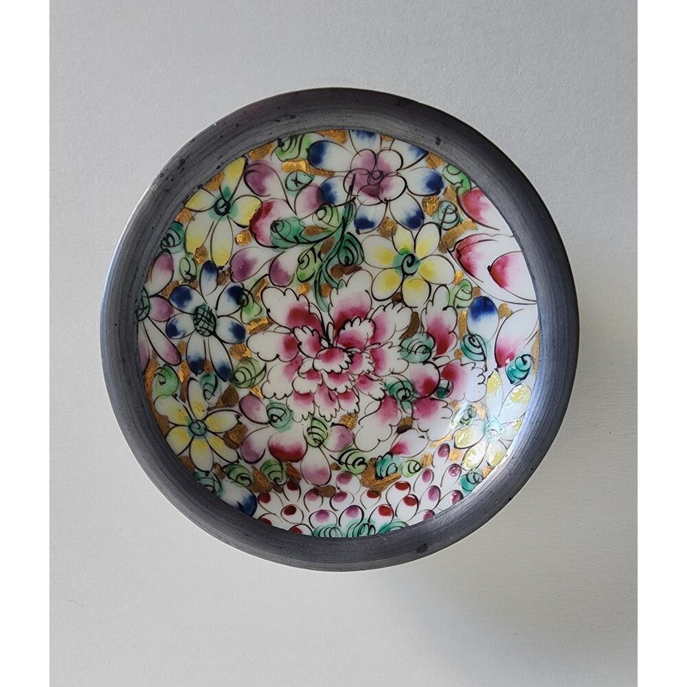 Decorated Japanese Floral Porcelain Dish w/ Metal Rim – 4" Trinket Bowl